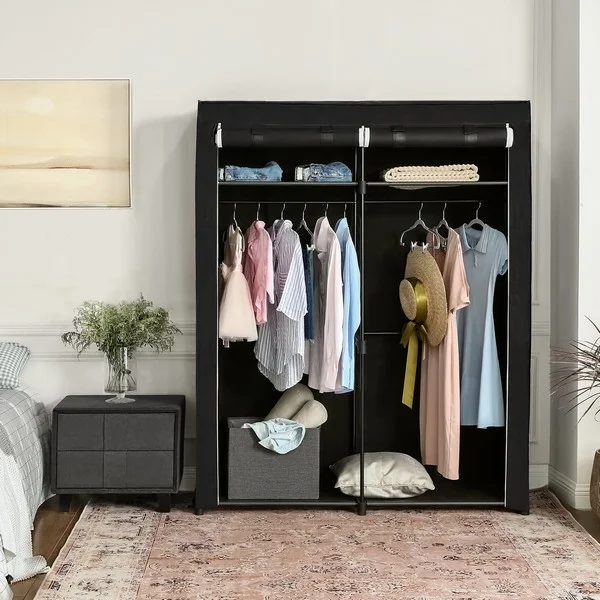 garderobe 174 x 100 x 43 cm ryg02bk klaedeskab med stofsider garderobeskab og toejskab sort.w1200